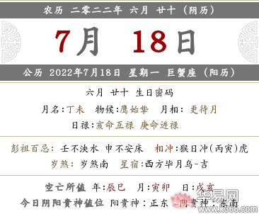 2022年农历六月二十日财神方位查询表